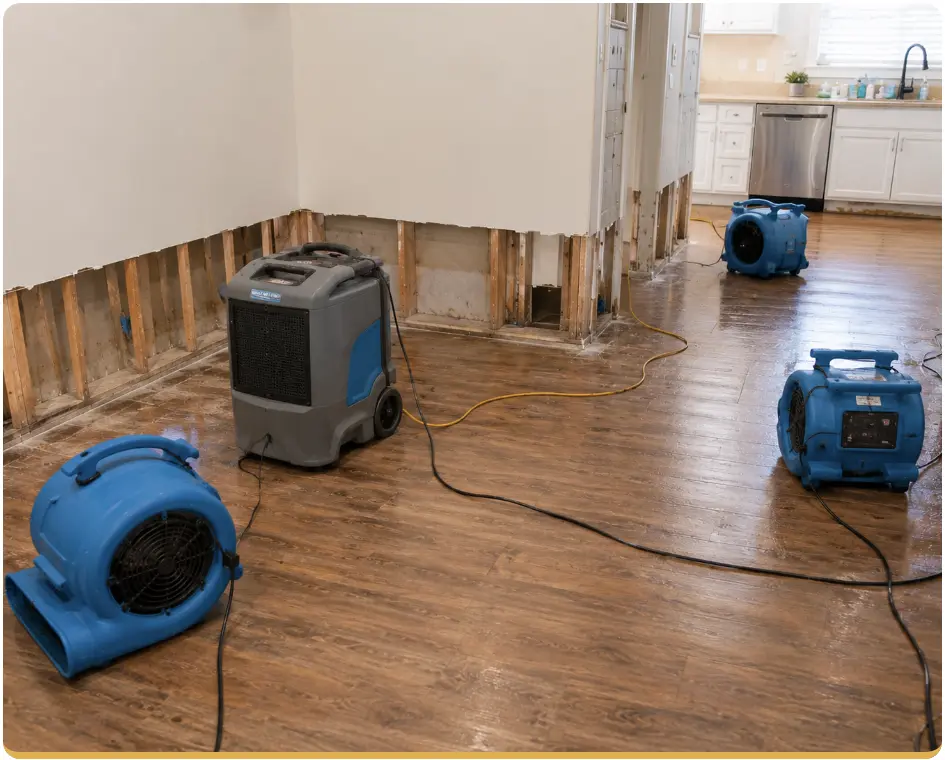 Flood Cleanup in Orange County 2 Flood restoration fans and dehumidifier drying a water-damaged room