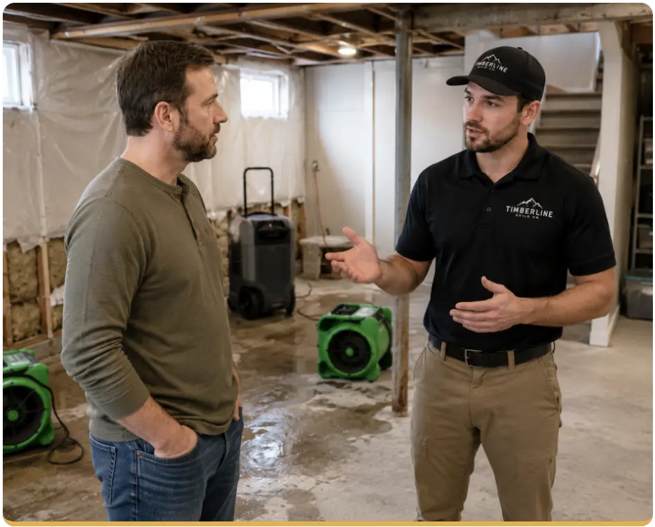 Water Damage Restoration in Costa Mesa 1 Timberline Build Co. water damage restoration experts assess flooded basement in Costa Mesa.