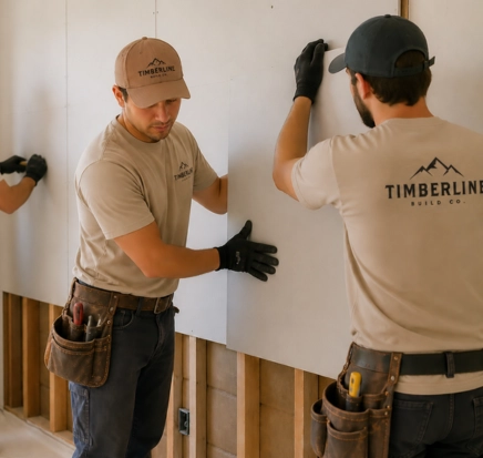 About 2 Timberline Build Co. team installing drywall in a home renovation.