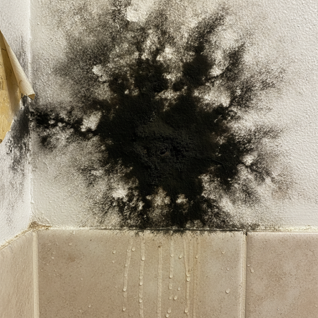 Mold Remediation in Orange County 2 Black mold growth on drywall in Orange County bathroom