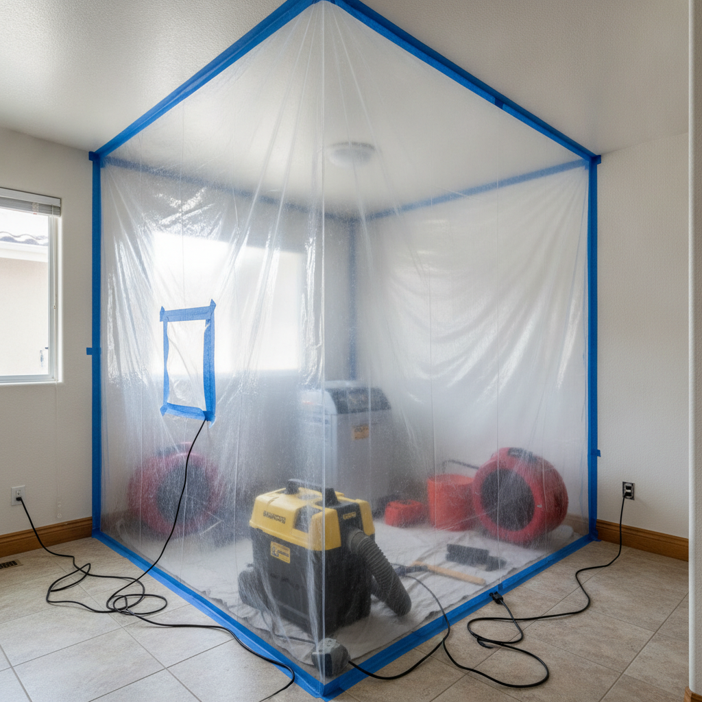 Mold Remediation in Orange County 1 Mold remediation containment setup with HEPA air scrubber in Orange County home