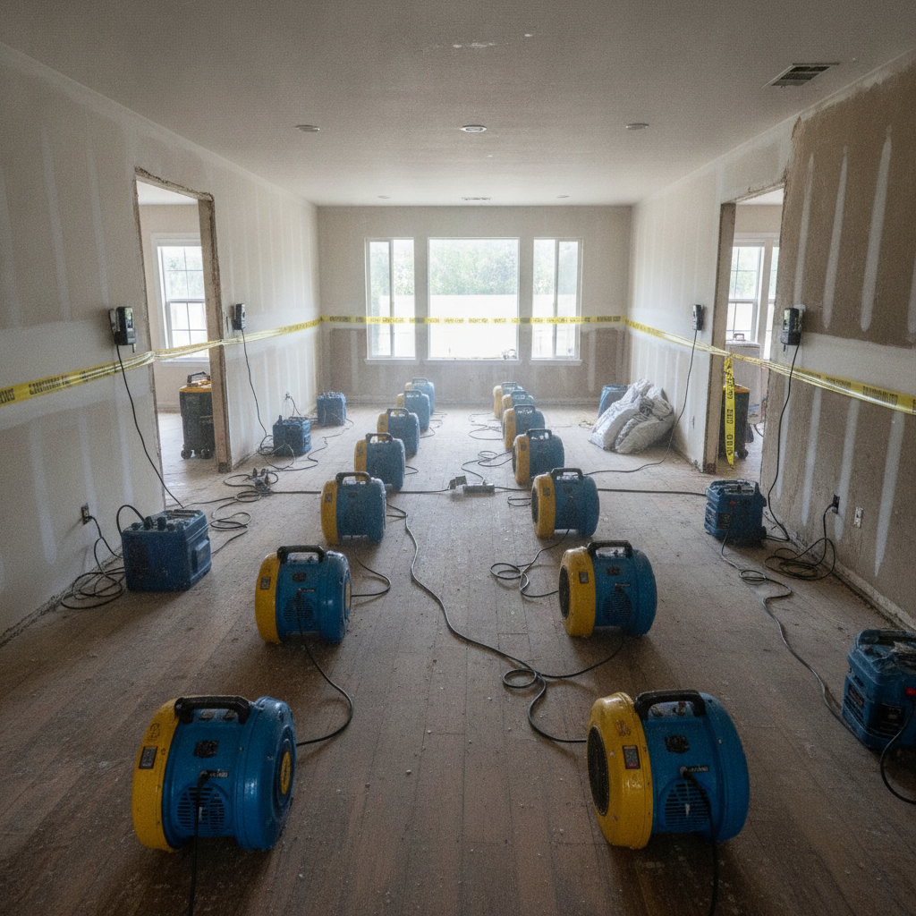 Room with dehumidifiers and yellow caution tape after water damage