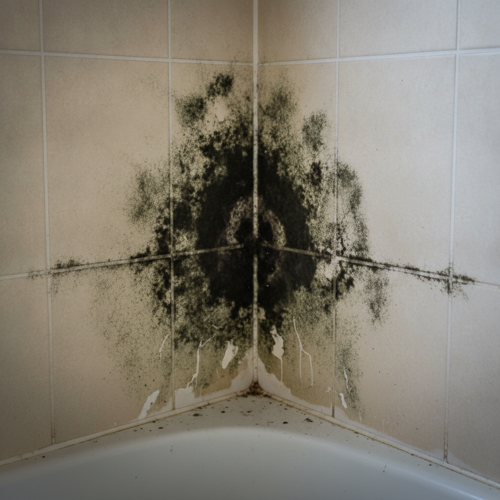 Black mold growth in a bathroom corner, indicating potential moisture issues