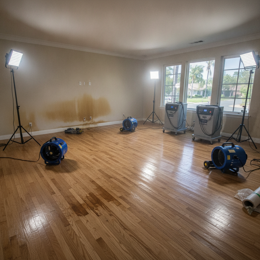 Water damage restoration with air movers and dehumidifiers in a room.