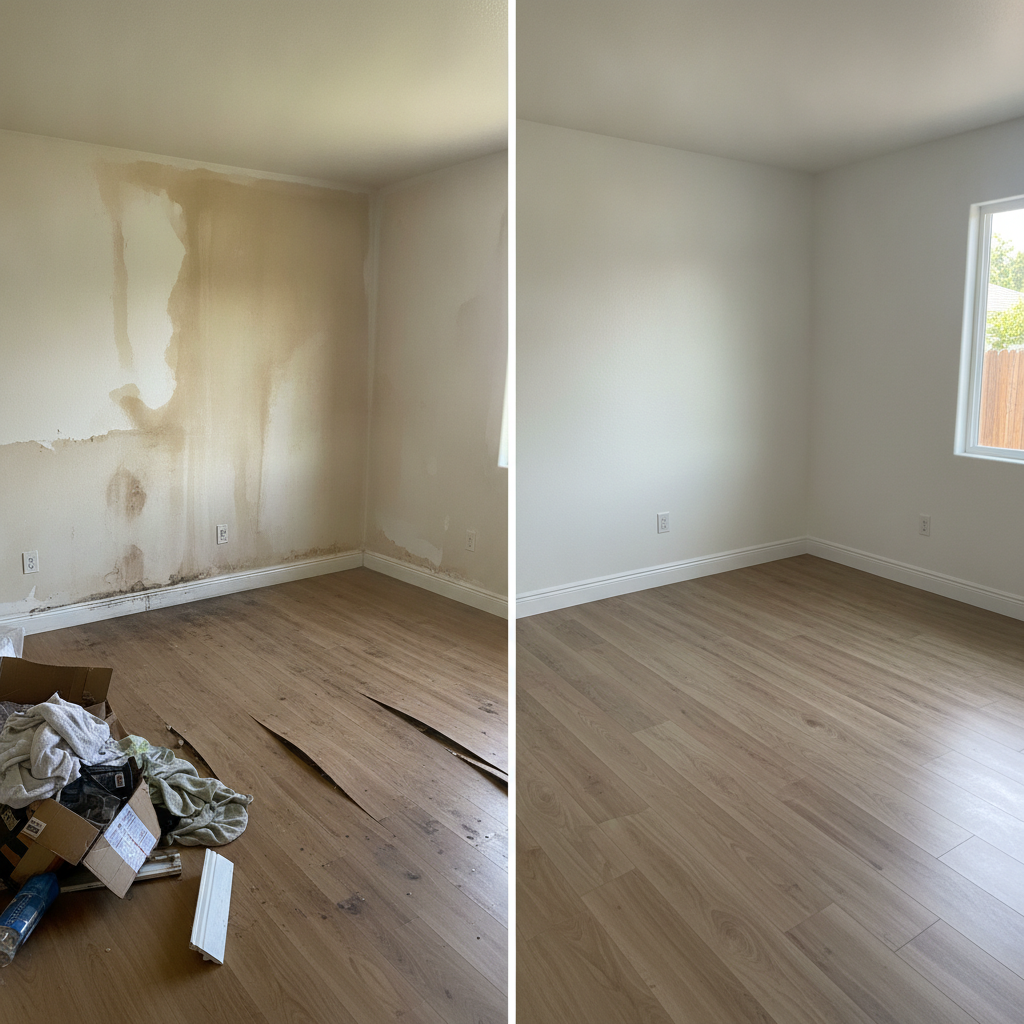 Before and after room renovation with wooden floors