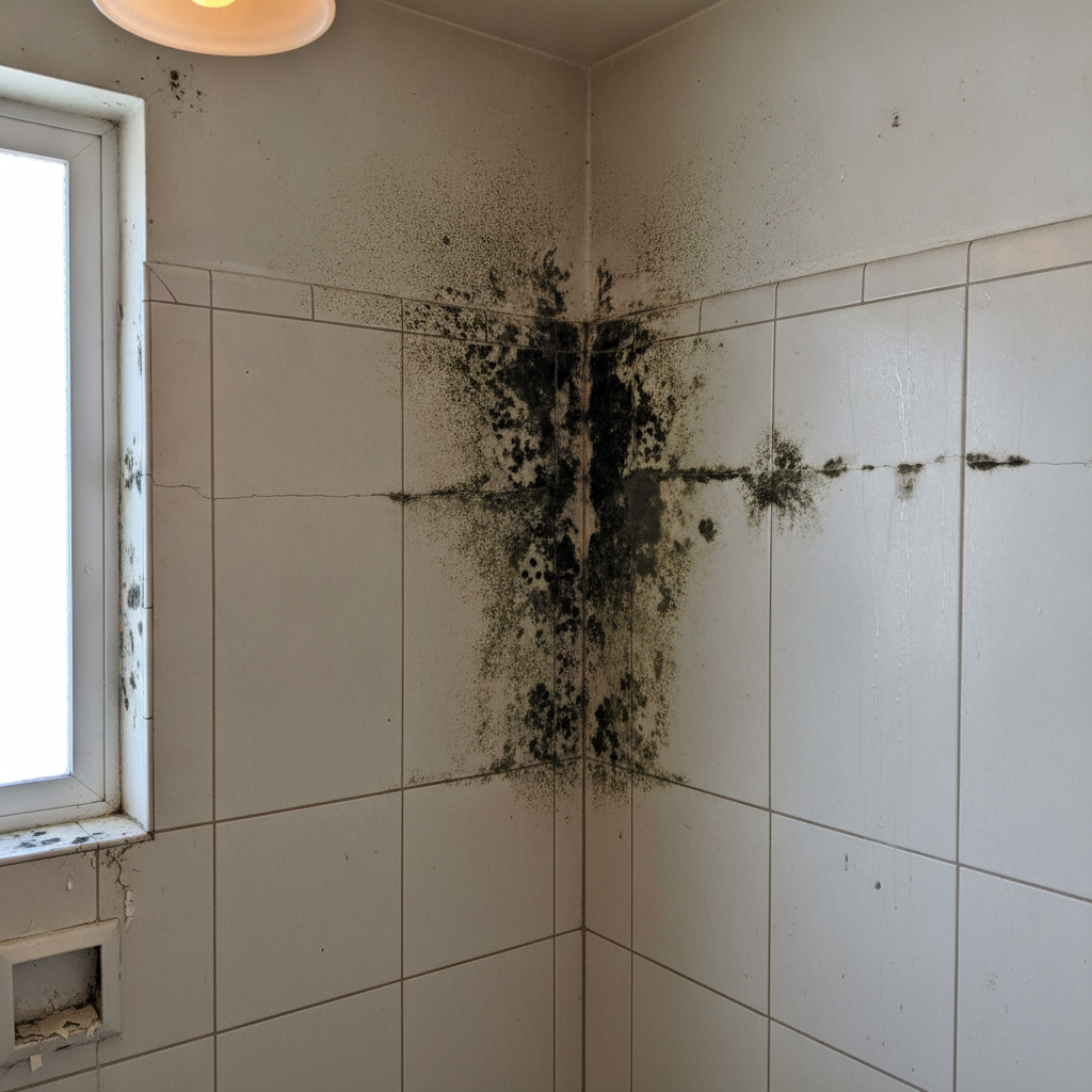 Shower area with black mold on white tiles and window sill